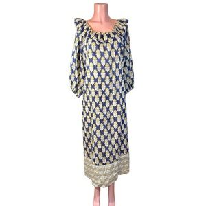 Clara the Label Floral Midi Dress Navy Yellow Boho Puff Sleeve Boat Neck Sz XS